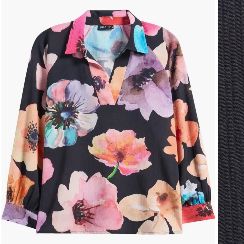 Black Floral Collared Long-Sleeve Blouse with Multicolor Blooms - Picture 3 of 11